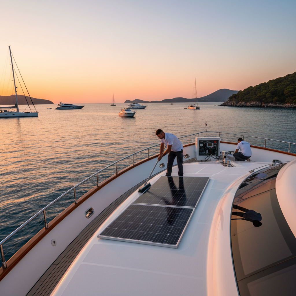 Solar Panel Cleaning and Charge Controller Inspection in Yacht Maintenance